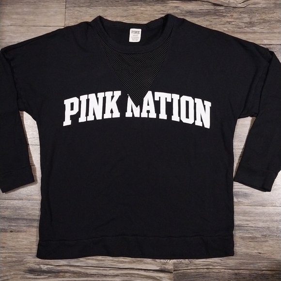Pink Victoria's Secret Campus Crew Mesh Logo Sweatshirt Size L Womens Black Top - Picture 1 of 9